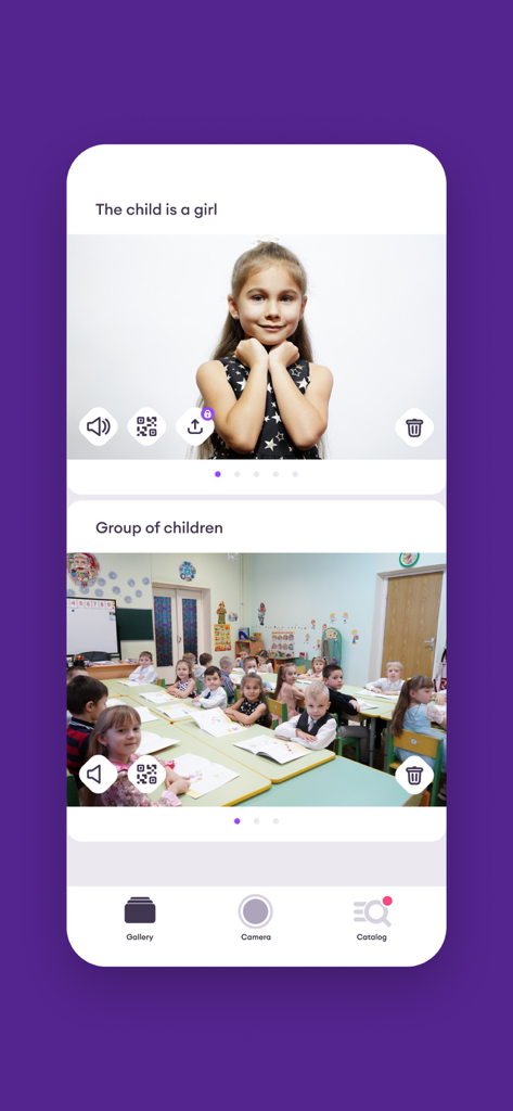 Gallery view of the OJV app showing photos of children with AR activation icons.