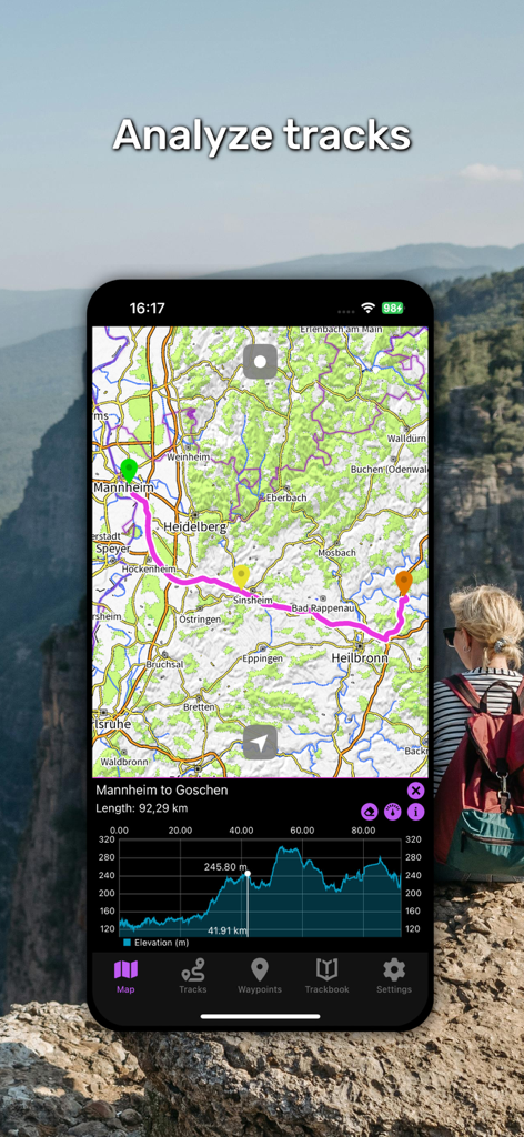 GPX Viewer PRO - Interface do aplicativo GPX Viewer PRO mostrando uma rota com um gráfico de perfil de elevação