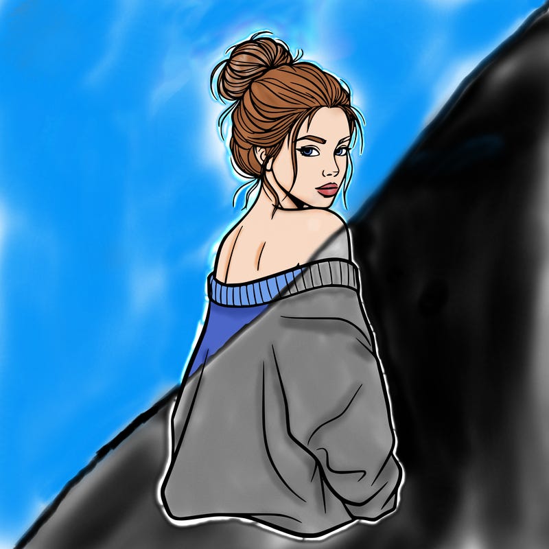 make a drawing that has a girl with 1 messy bun in an oversized sweater