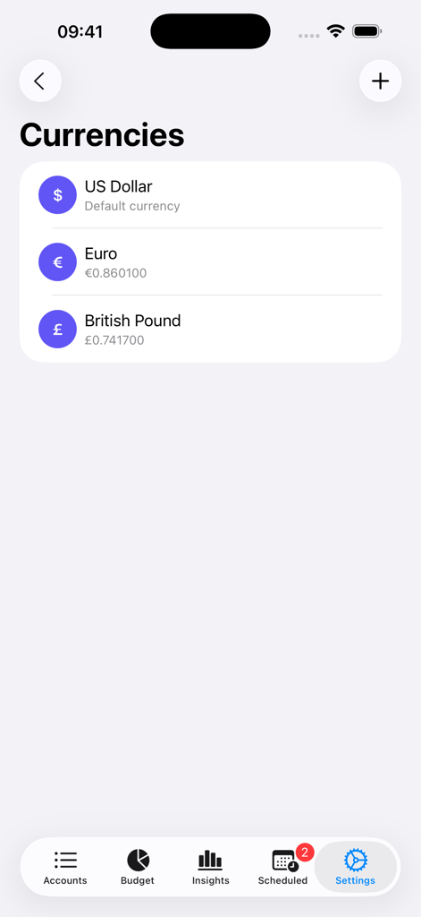 Indigo Money app interface showing currency management with US Dollar Euro and British Pound exchange rates