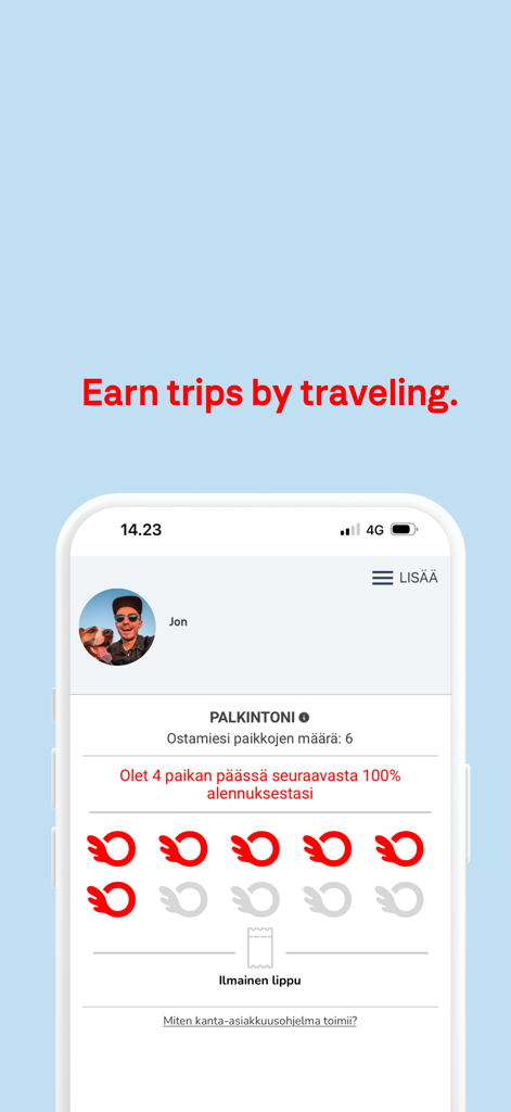 Uno screenshot dell'app OnniBus che mostra un'interfaccia del programma fedeltà per guadagnare viaggi gratuiti.