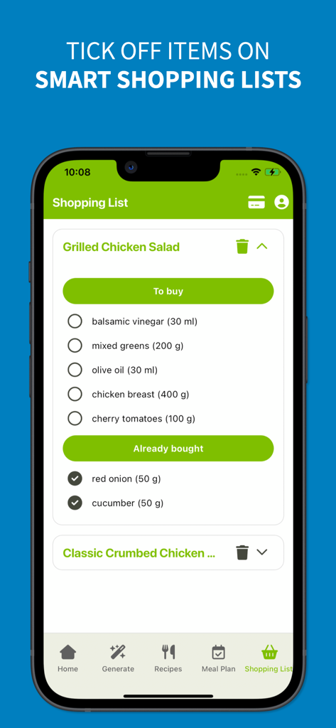 AI-Chef mobile app interface showing a smart shopping list for a grilled chicken salad recipe