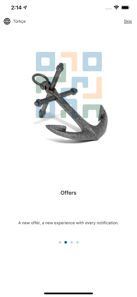 Schermata di onboarding dell'app mobile Galataport Istanbul che evidenzia offerte esclusive dei brand e notifiche con un'icona stilizzata di un'ancora.