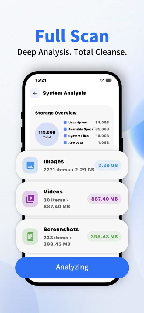 Ai Clean Master: Free Up Space - Ai Clean Master app performing a full system scan and storage analysis on an iPhone