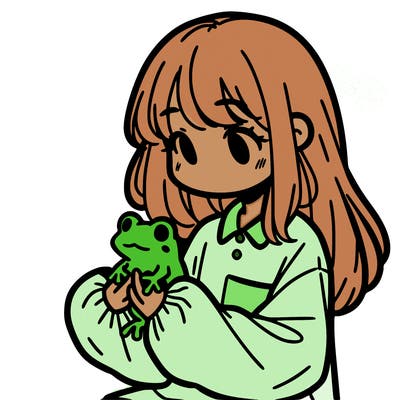 girl with long hair and a oversized shirt. and she is holding a frog