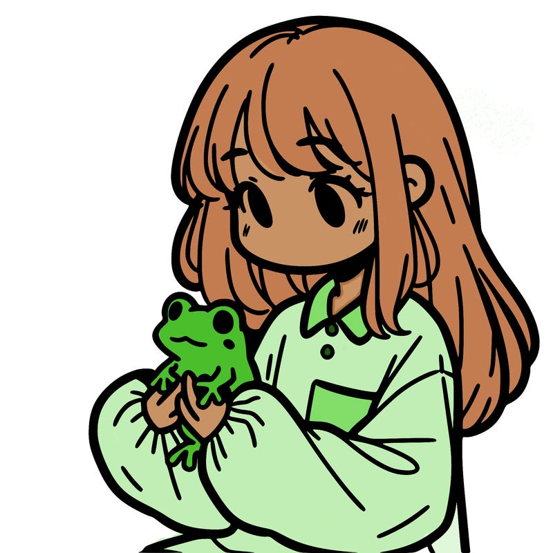 girl with long hair and a oversized shirt. and she is holding a frog