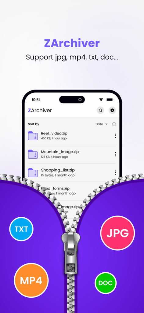 ZArchiver - Zip UnZip - ZArchiver app interface displaying a list of zipped files and icons for supported formats like TXT MP4 JPG and DOC