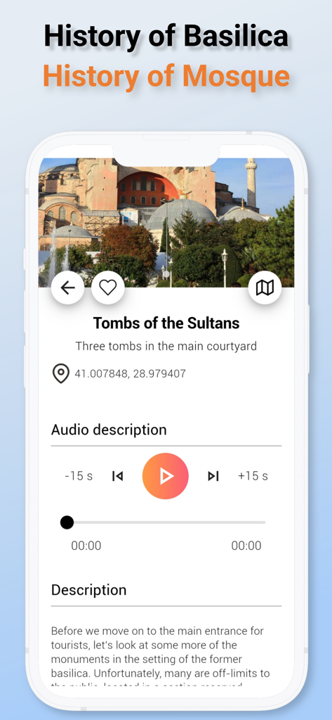 Audio Guide to Hagia Sophia - Smartphone screen displaying the Hagia Sophia audio guide app with a player for the Tombs of the Sultans.