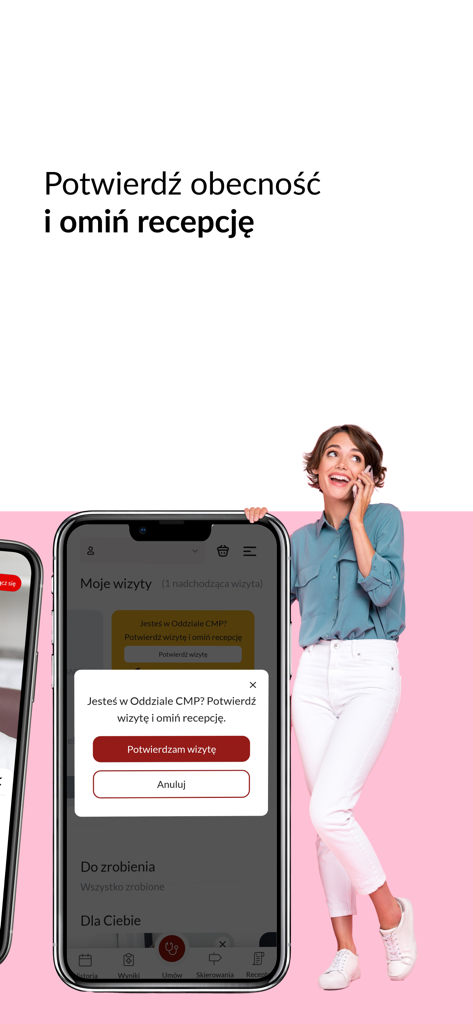 A mobile app screen showing a patient confirming their arrival at a medical clinic to skip the reception desk.