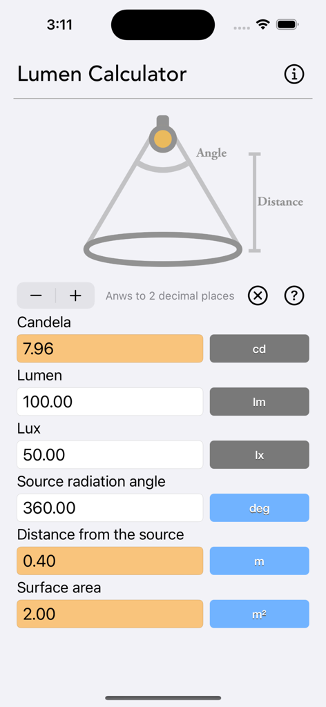 Lumen Calculator - Oberfläche der Lumen Calculator App, die Umrechnungsfelder für Candela-, Lumen- und Lux-Werte anzeigt