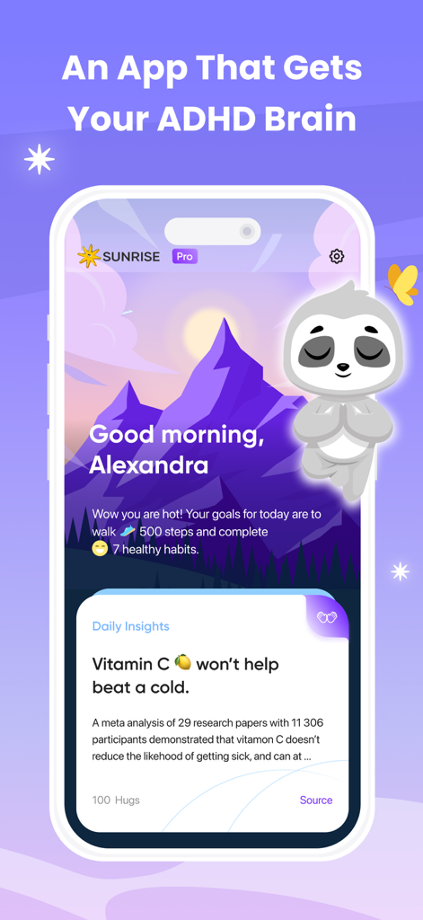La pantalla de inicio de la aplicación Sunrise ADHD Coach, que muestra un panel personalizado con un personaje de perezoso meditando y objetivos diarios.