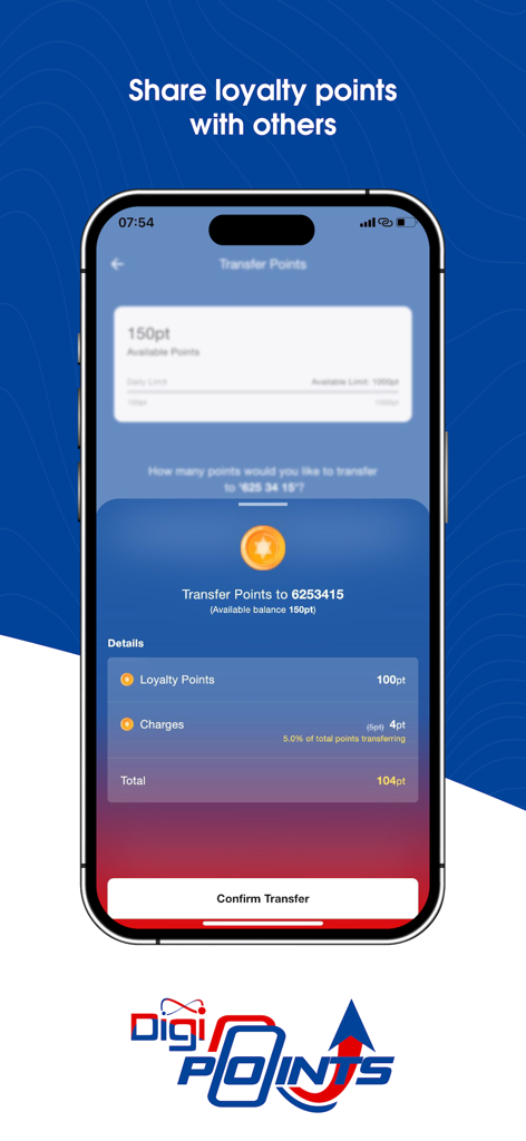 DigiPoints BZ - A smartphone interface showing the DigiPoints app screen for transferring loyalty points to another user