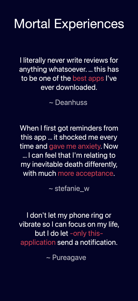 WeCroak - User testimonials for the WeCroak app titled Mortal Experiences showing positive feedback on death mindfulness