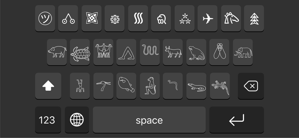 Un diseño de teclado personalizado con varios símbolos de arte lineal e íconos de animales.
