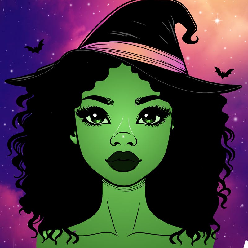 realistic black girl with wavy hair and witch hat and nose and lips