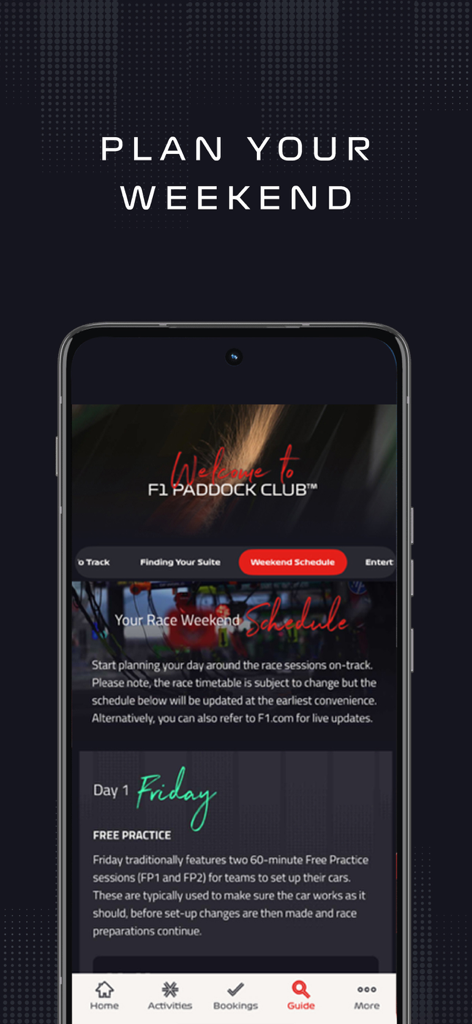 Pantalla de la aplicación móvil F1 Paddock Club que muestra el horario del fin de semana de carreras y las funciones de planificación