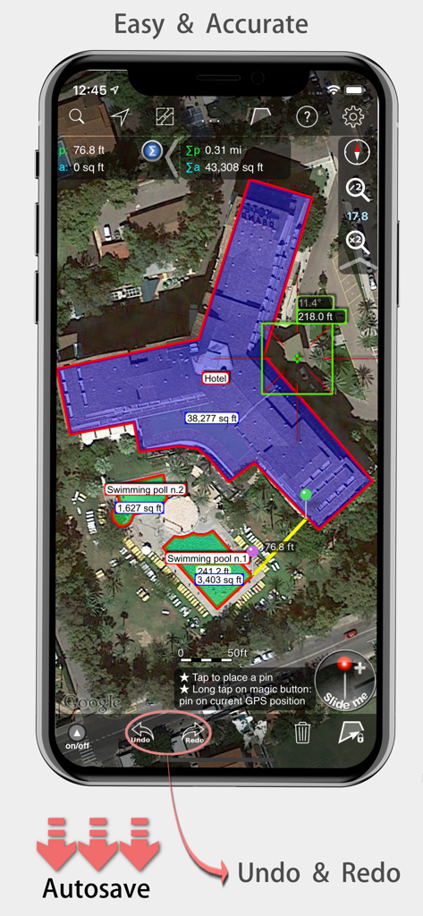 Measure Map Pro - Measure Map Pro mobile app displaying precise area and distance measurements of a hotel building on a satellite map.