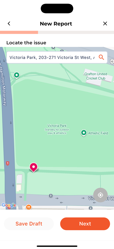 Map interface in the Antenno app for selecting the location of a reported local issue