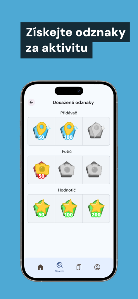 VozejkMap - A mobile screen from the VozejkMap app displaying achievement badges for contributing photos ratings and new accessible locations