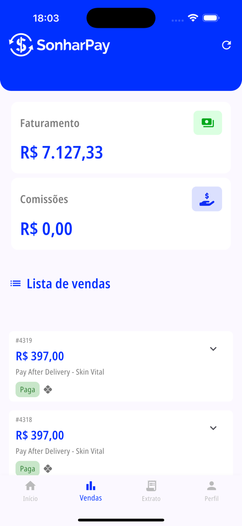 Sonhar Pay - Sonhar Pay mobile app interface showing real-time revenue and a list of completed sales for digital producers.