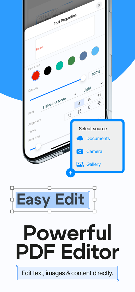 PDF Editor & Scanner: DocKit - Interface of the DocKit app showing text editing tools and options to import PDF files from documents camera or gallery