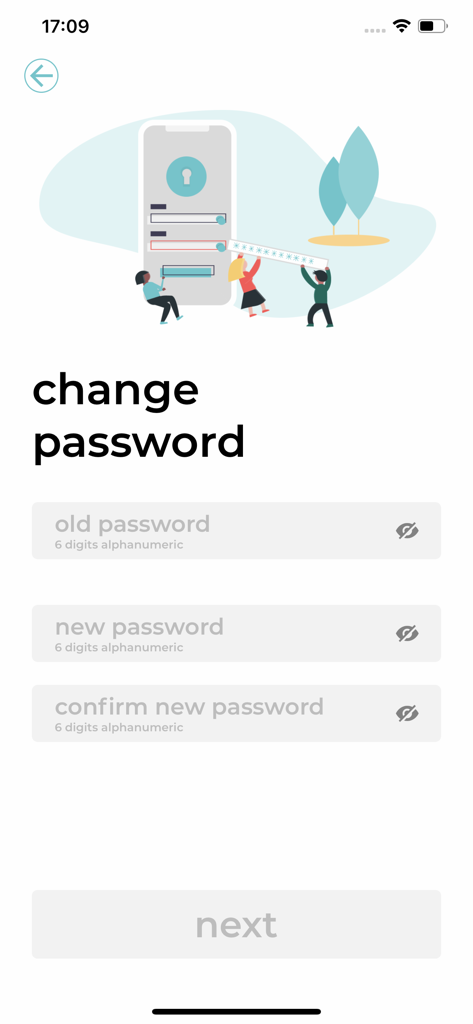 Screenshot of the iCondo app change password screen with input fields for old and new passwords