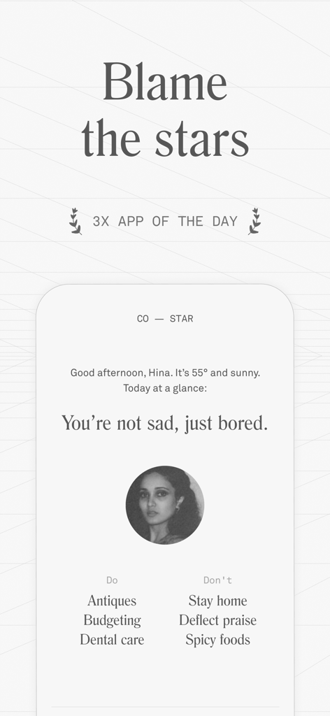 Co-Star astrology app interface showing a personalized daily horoscope with minimalist design.