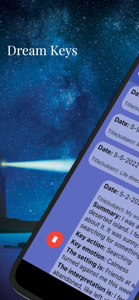 Dream Keys - Interfaz de la aplicación Dream Keys que muestra las entradas del diario de sueños con resúmenes e interpretaciones sobre un fondo de noche estrellada.
