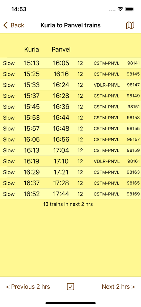 Mumbai Local Train Timetable - Mumbai local train timetable list showing departure and arrival times from Kurla to Panvel for slow trains
