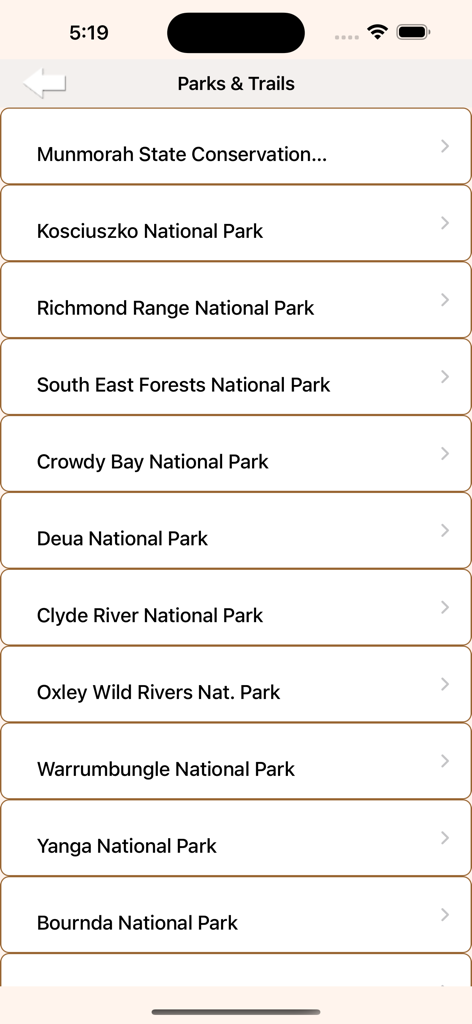 A list of Australian national parks and conservation areas within the State and NP in Australia app
