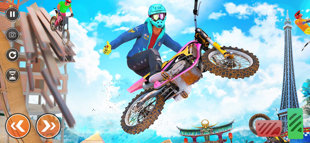 Real Stunt- Racing Bike Games - A character performing an aerial stunt on a dirt bike in a sky high racing game with world landmarks in the background