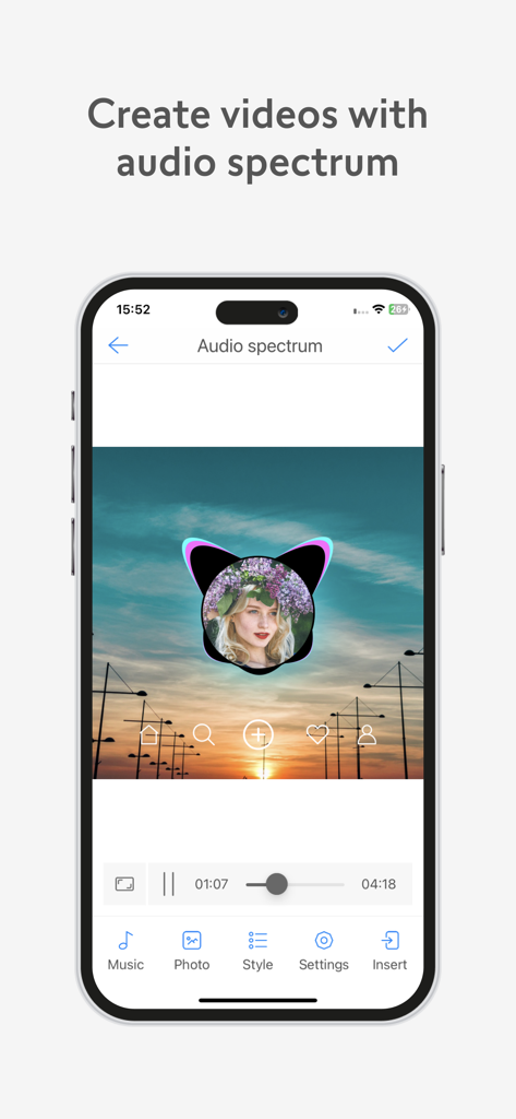 VivuVideo Maker & Editor - VivuVideo app interface showing how to create a video with an audio spectrum visualizer over a custom photo.