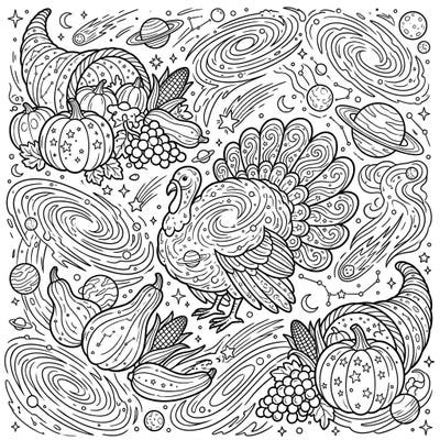 Celebrate Thanksgiving with an out-of-this-world twist! This captivating coloring page features traditional harvest symbols intertwined with the mesmerizing beauty of distant galaxies.