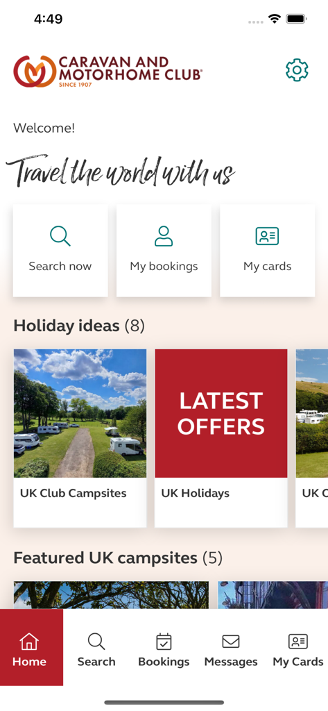 Caravan and Motorhome Club - Home screen of the Caravan and Motorhome Club app featuring search and booking tools for UK campsites