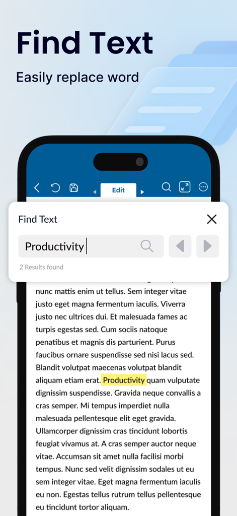 Interface do aplicativo Word Editor mostrando o recurso de encontrar texto e resultados de pesquisa em um dispositivo móvel