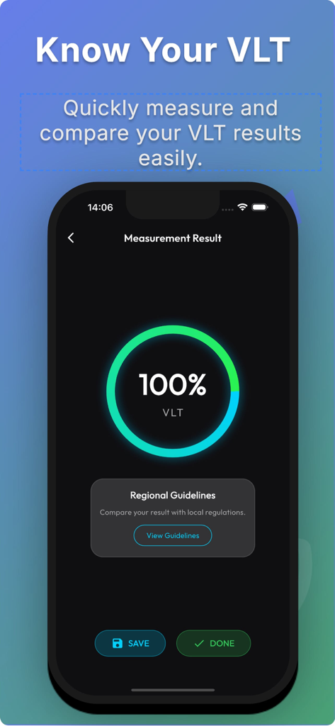 Window Tint Meter – VLT Meter - VLT 미터 앱의 스크린샷으로 100% VLT 측정 결과와 지역별 가이드라인 링크가 표시됩니다.