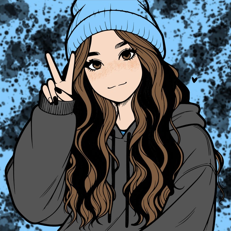a teenage girl in a beanie, oversized sweatshirt, wavy long hair, and is showing a ✌️