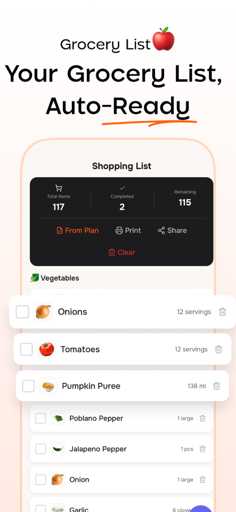 WhatToCook- AI Meal Planner - Interface of the WhatToCook app showing an automated grocery shopping list categorized by vegetables.