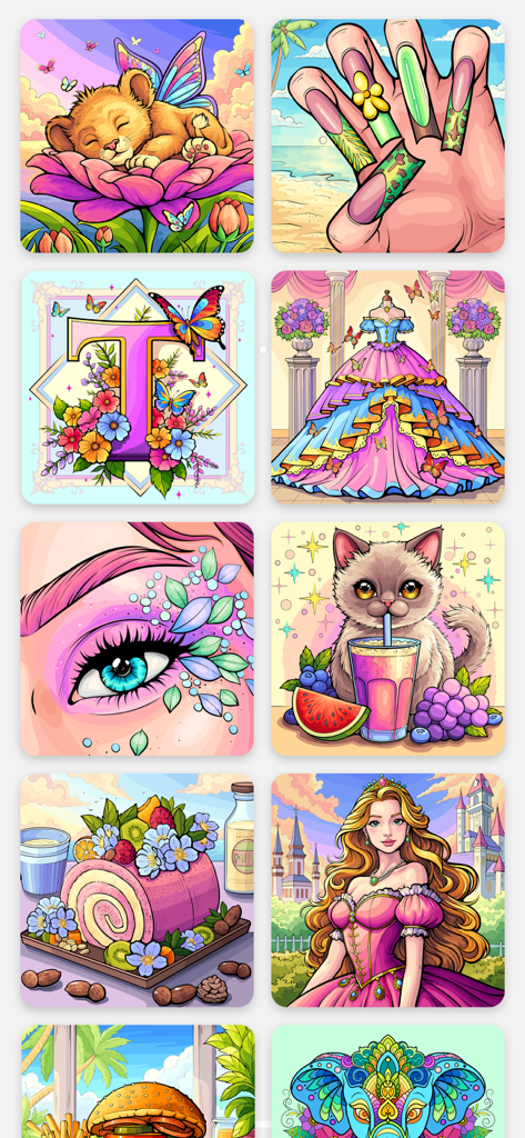 A grid of colorful digital coloring book illustrations from Paint.ly featuring a lion cub a princess a cat and floral designs