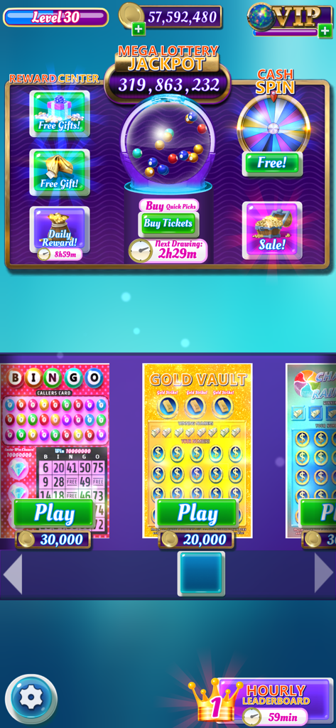 Scratch Off Lottery Casino - Menu principal de l'application Casino de Loterie à Gratter montrant une roue de loterie jackpot et une sélection de jeux à gratter.