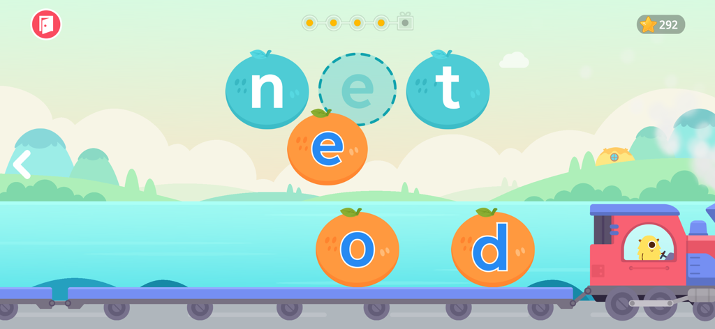 Das Wort 'net' in einem dinosaurier-thematischen Lernspiel für Kleinkinder mit einem Zug buchstabieren.