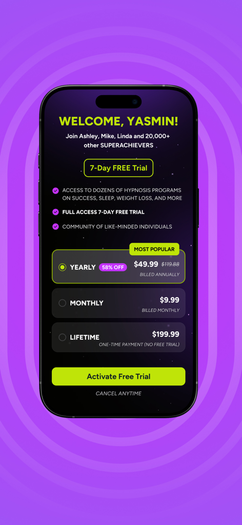 MINDMOD: Hypnosis & Meditation - Pantalla de suscripción de la aplicación MINDMOD con planes de membresía anual, mensual y vitalicia con una oferta de prueba gratuita de 7 días