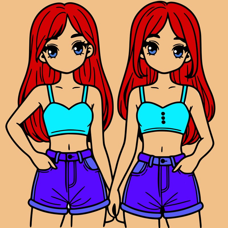 two sisters with crop tops and jean shorts and straight hair