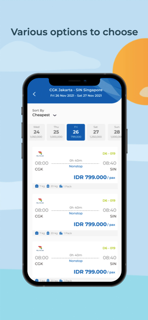 Pelita Air - Pelita Air mobile app showing flight search results from Jakarta to Singapore with prices and schedules.