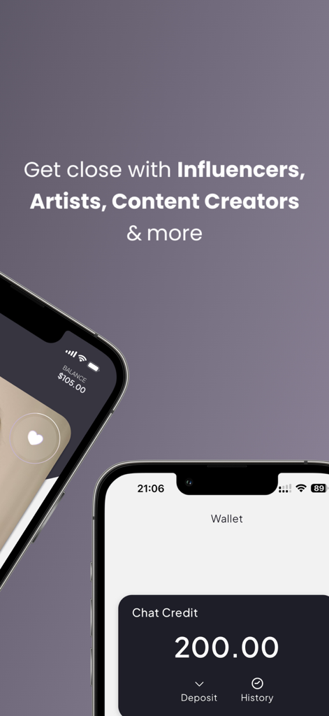 Finsta app interface displaying wallet balance and chat credits to connect with influencers