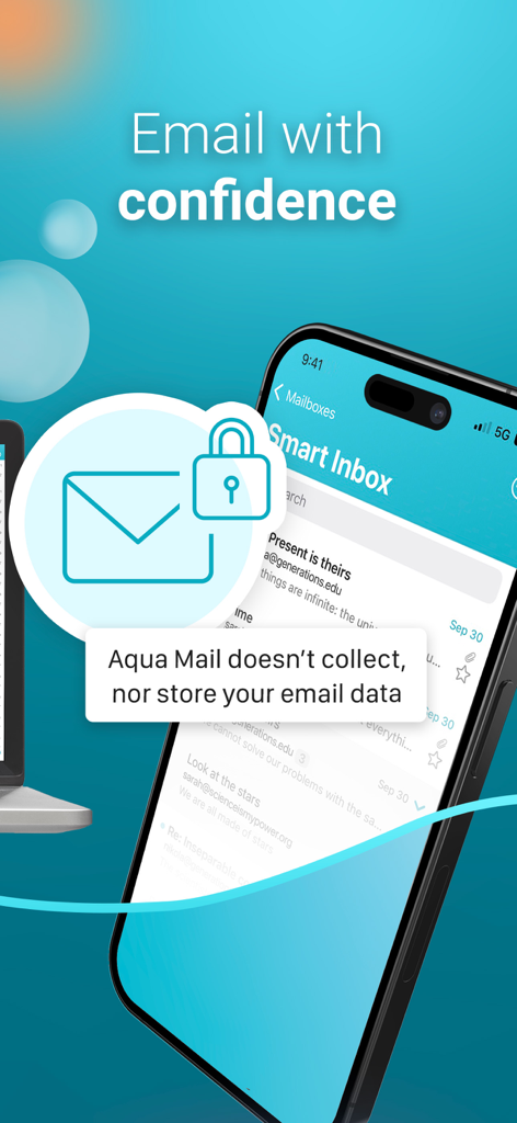 iPhone mostrando la bandeja de entrada inteligente de Aqua Mail con un mensaje sobre el almacenamiento seguro de datos.