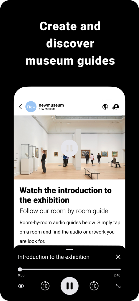 Écran de smartphone montrant un guide d'exposition de musée avec un lecteur audio et vidéo intégré
