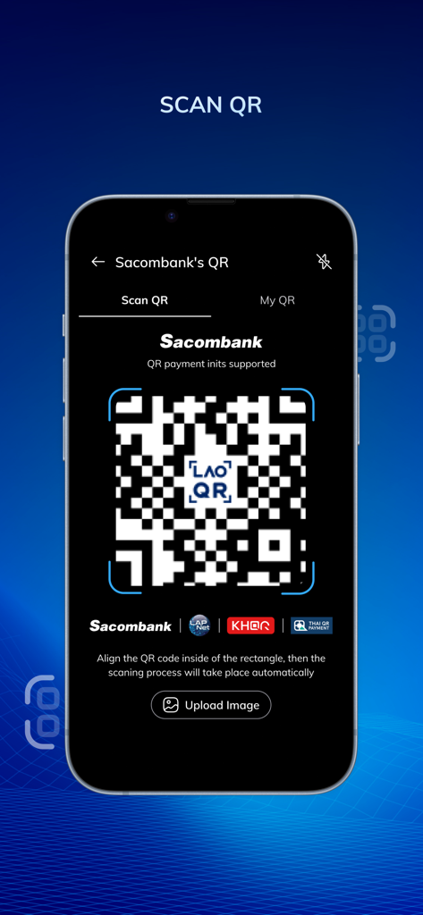 Sacombank E-Pay - Sacombank E-Payモバイルアプリの画面。ラオスおよび国際的な支払い用のQRスキャン機能が表示されています。