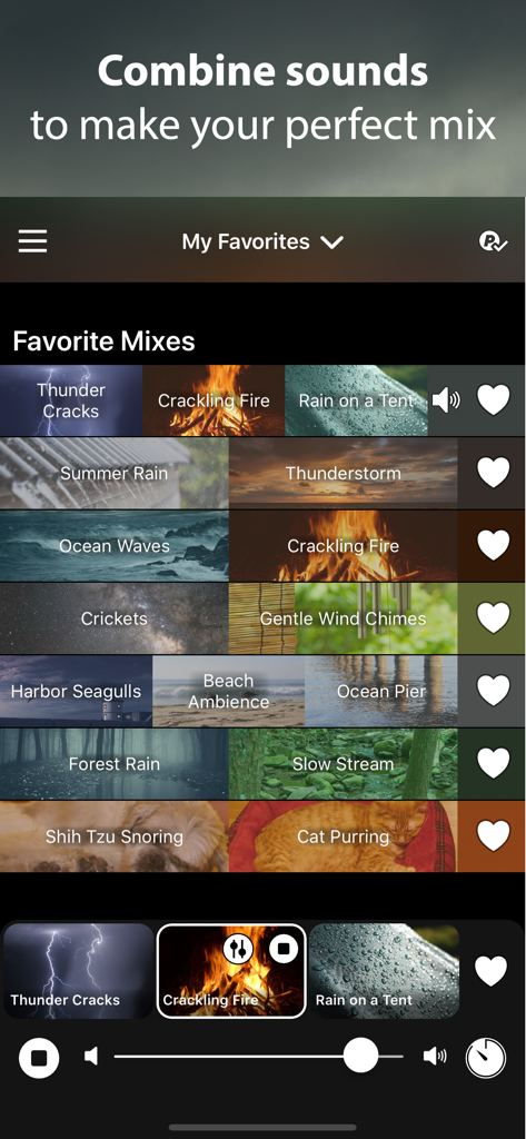 Rain Rain app interface showing a list of favorite sound mixes and a custom combination of thunder, fire, and rain sounds.