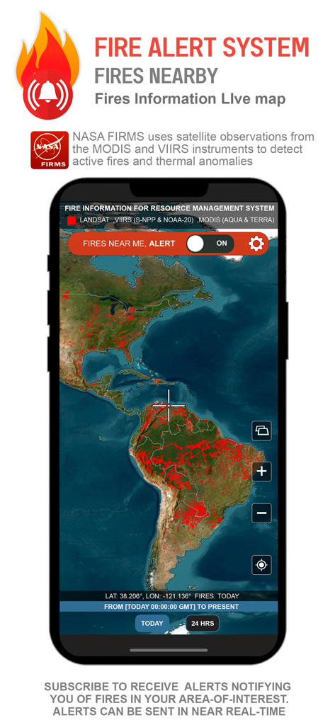 Fires Live Map, Alerts & Info - Interfaz móvil de Fire Alert System mostrando incendios activos en un mapa satelital